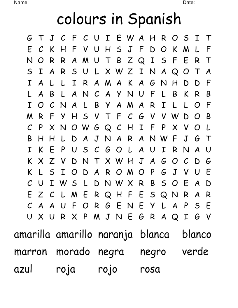 colours in Spanish Word Search