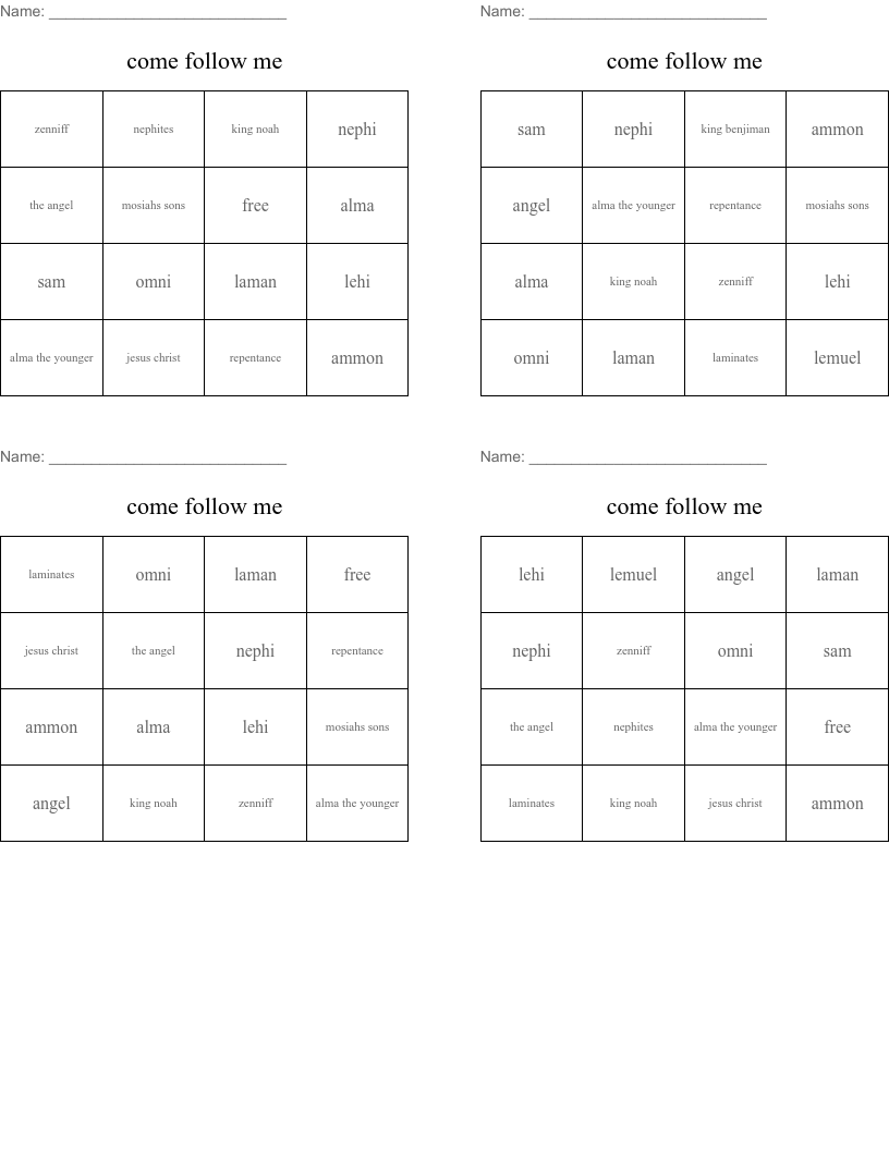come follow me Bingo Cards