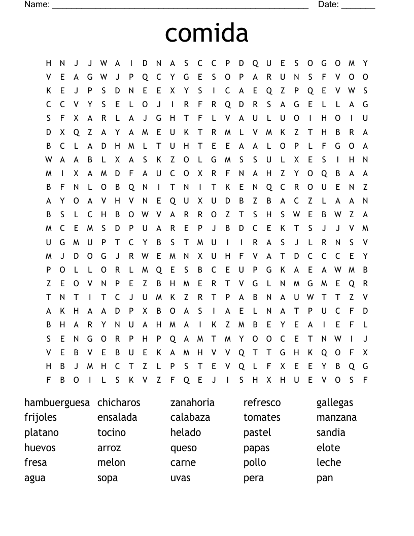 comida Word Search