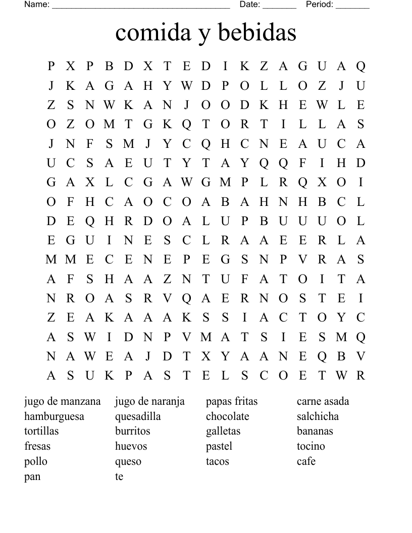 comida  y bebidas Word Search