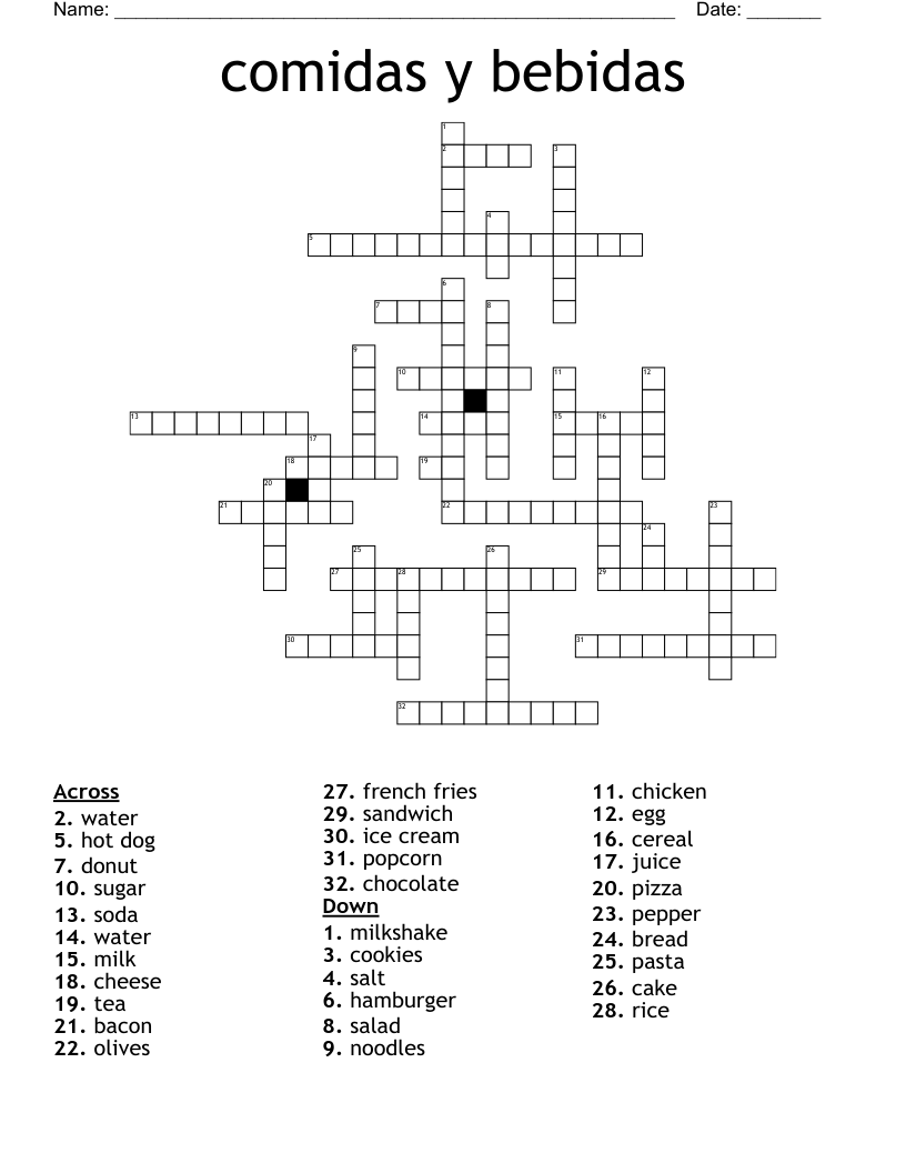 comidas y bebidas Crossword