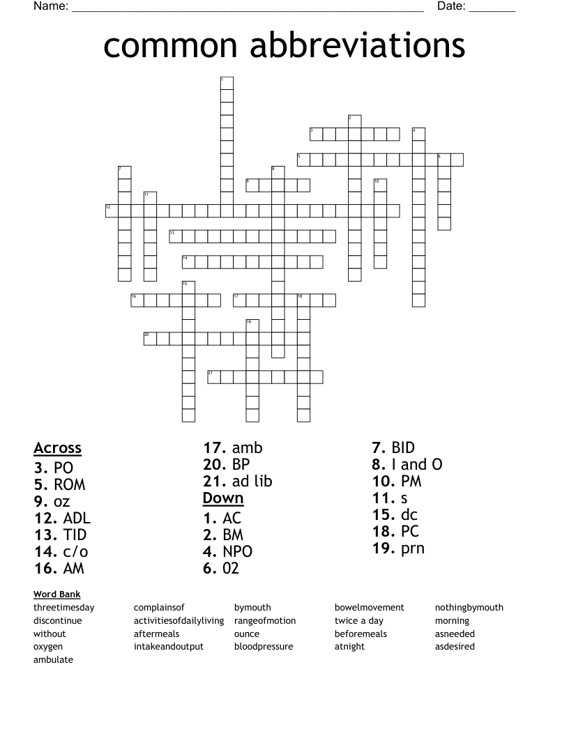 common abbreviations Crossword