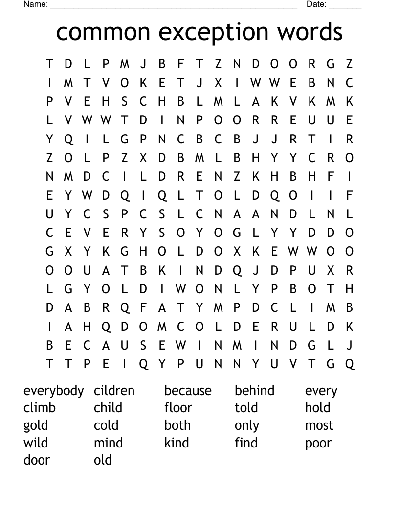 common exception words Word Search
