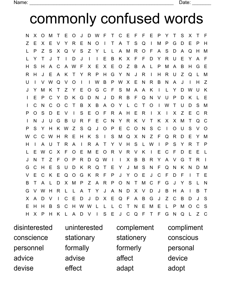 commonly confused words Word Search