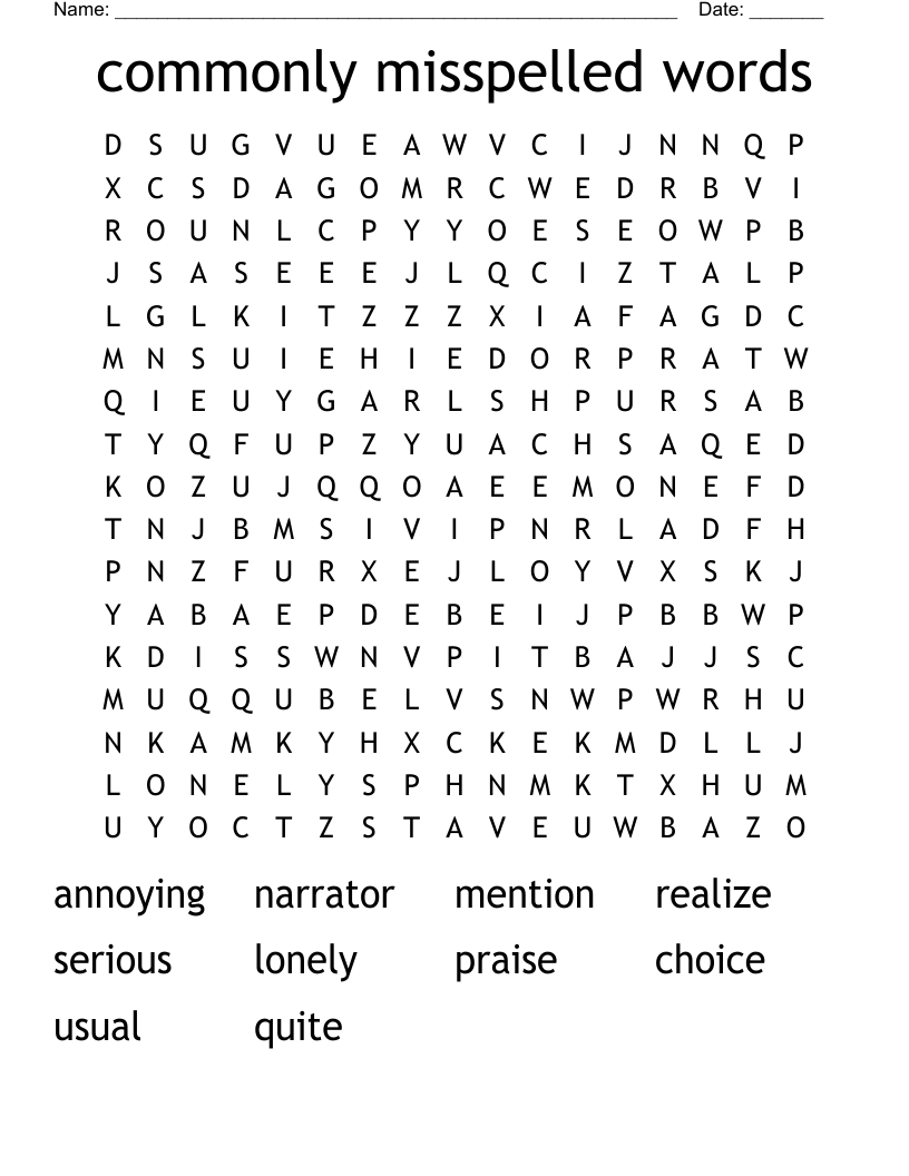 commonly misspelled words Word Search