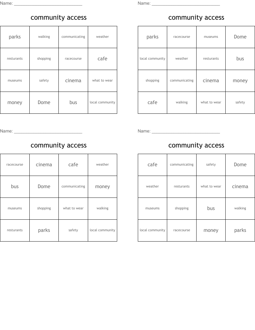 community access Bingo Cards
