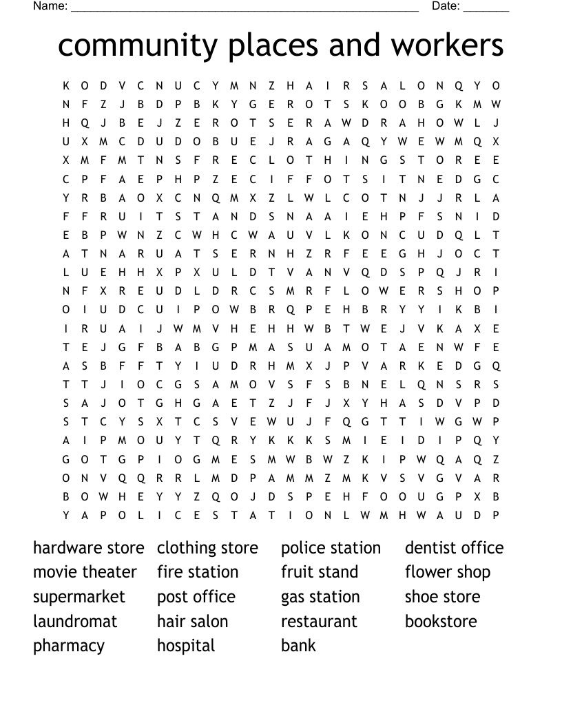 community places and workers Word Search