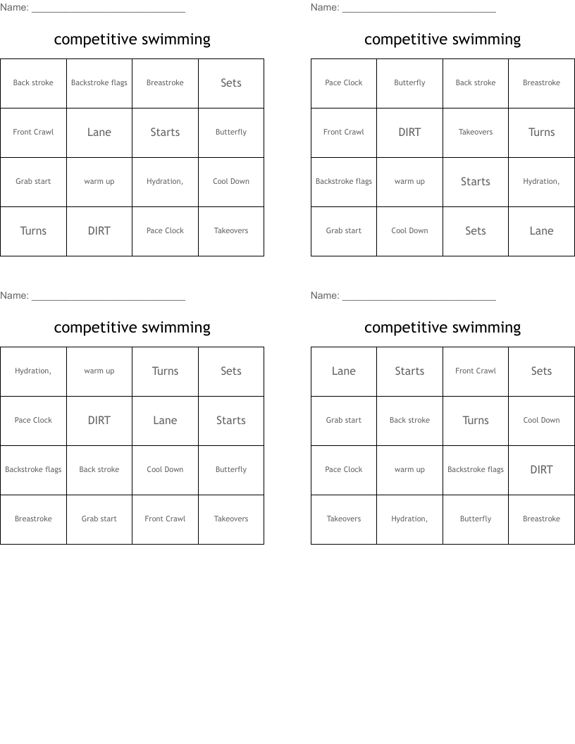 competitive swimming Bingo Cards