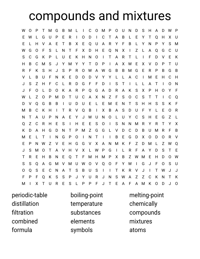 compounds and mixtures Word Search