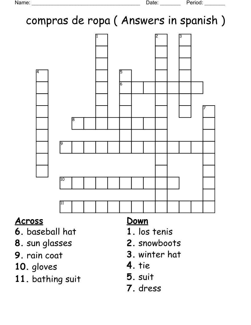 compras de ropa ( Answers in spanish ) Crossword