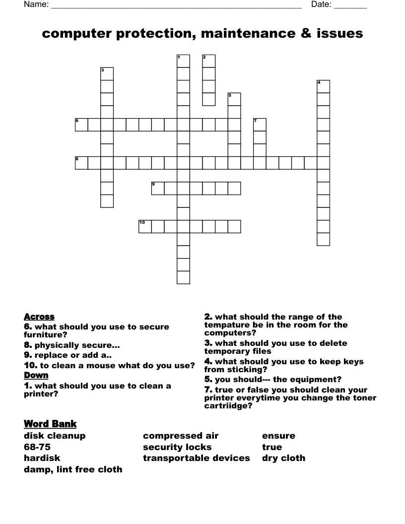 computer protection, maintenance & issues Crossword
