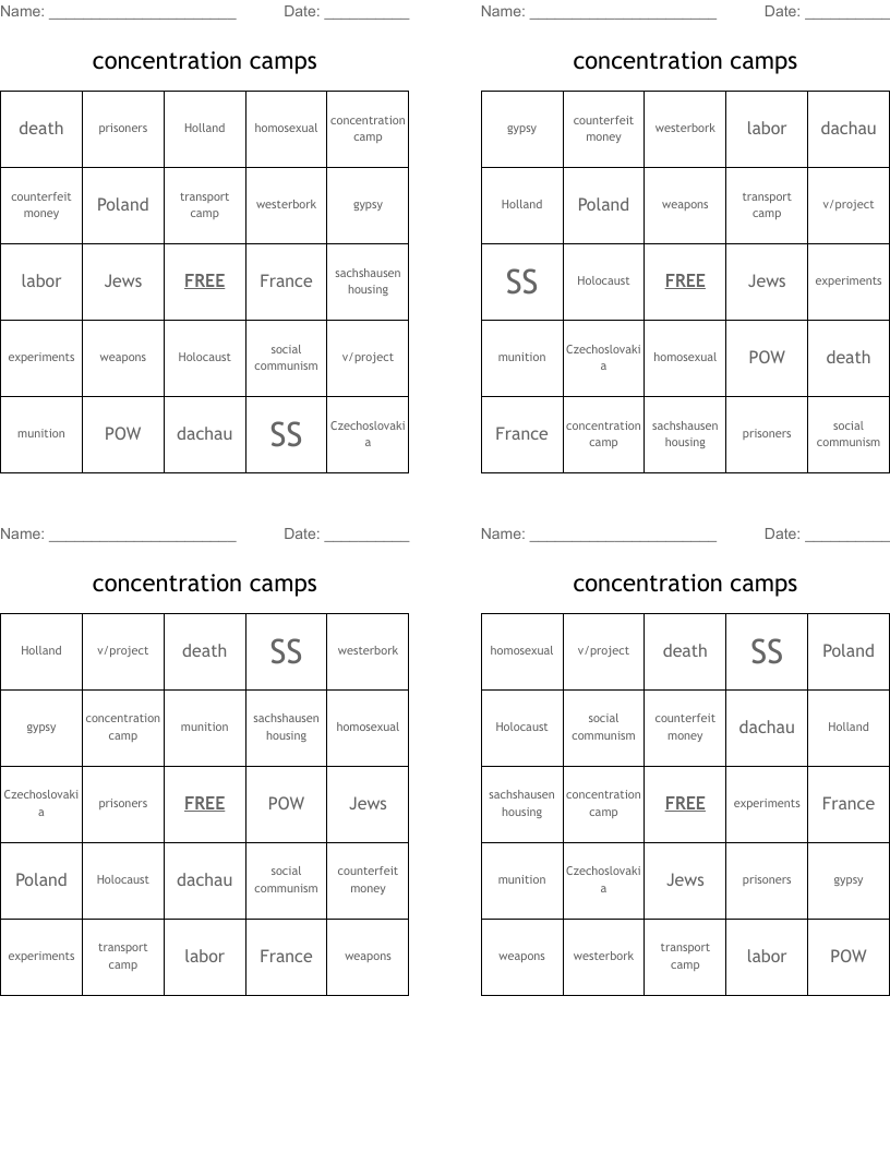 concentration camps Bingo Cards