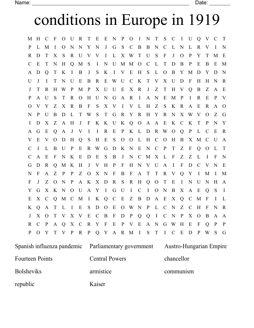 conditions in Europe in 1919 Word Search