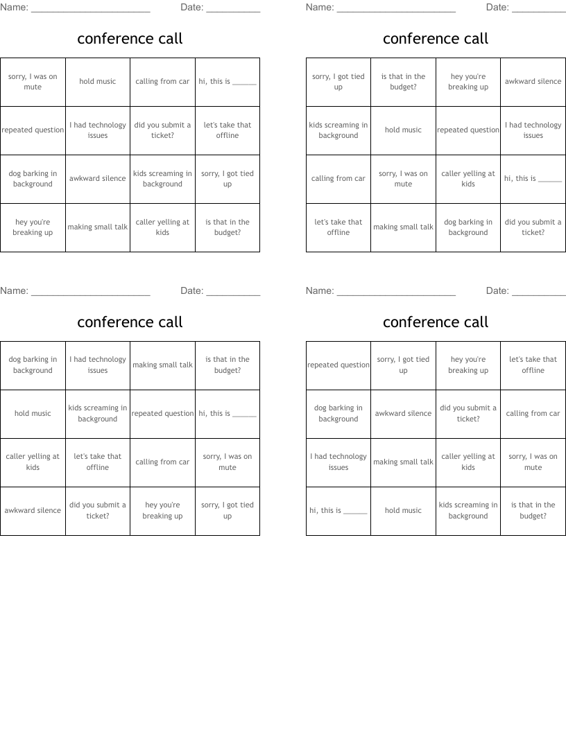 conference call Bingo Cards