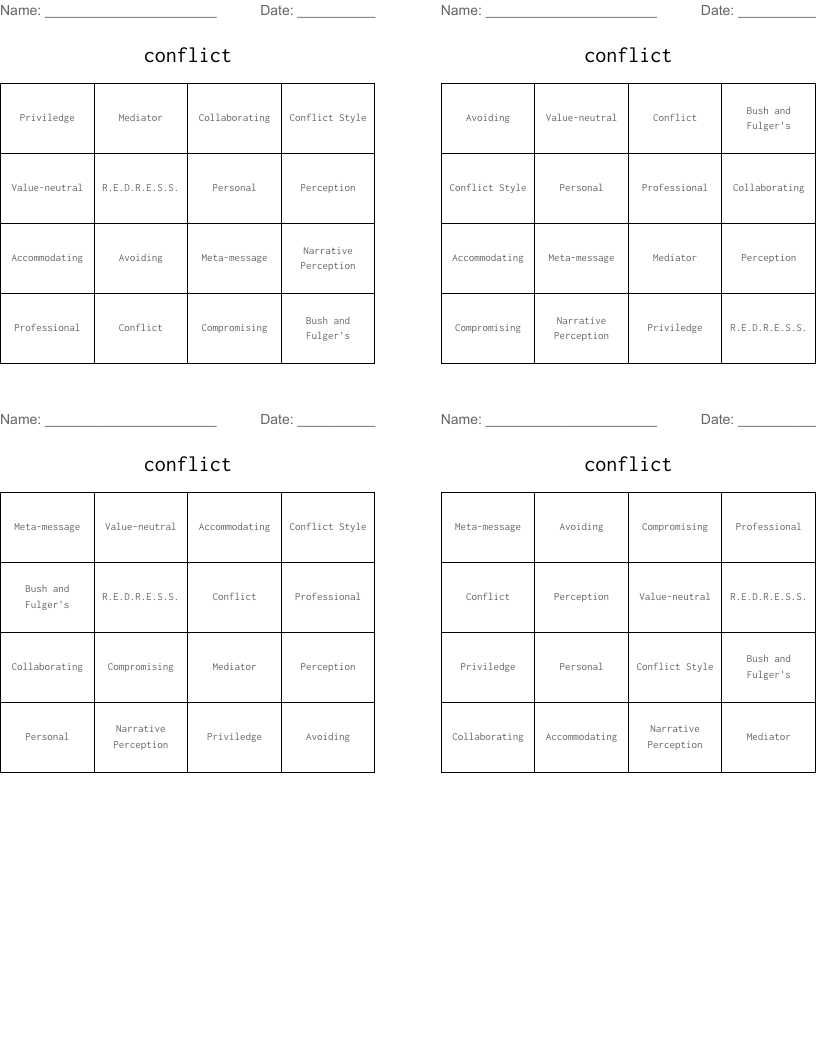 conflict Bingo Cards