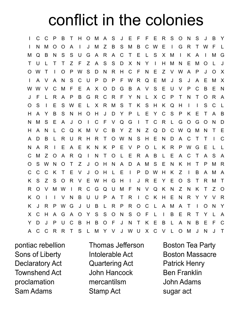 conflict in the colonies Word Search