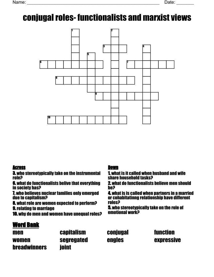 conjugal roles- functionalists and marxist views  Crossword