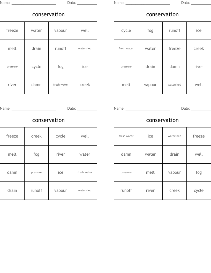 conservation Bingo Cards