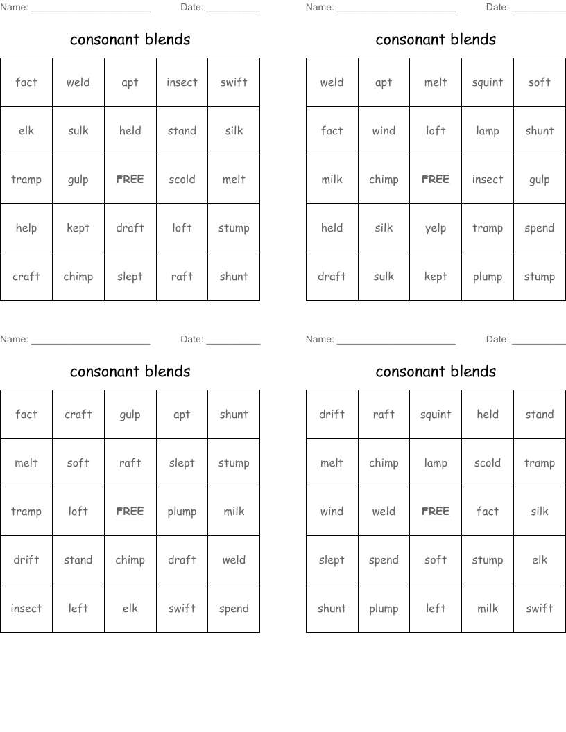 consonant blends Bingo Cards