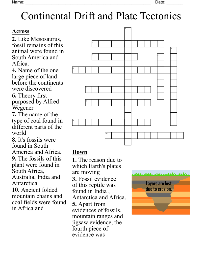 Continental Drift and Plate Tectonics Crossword