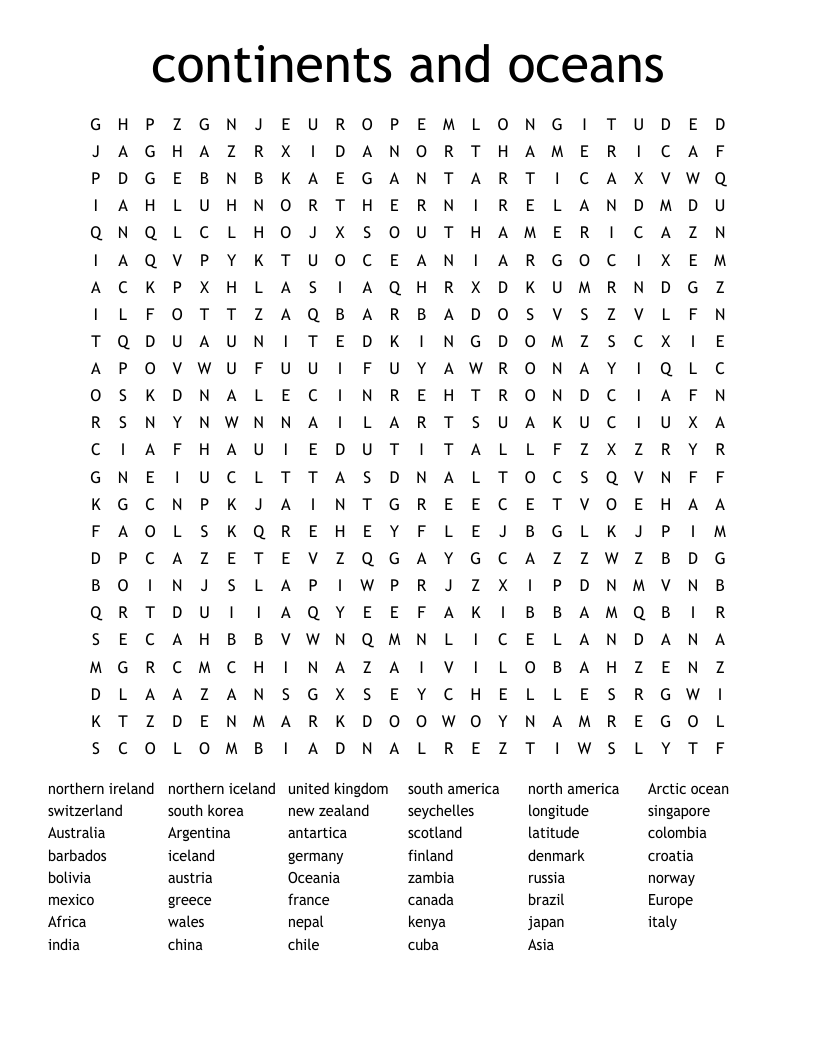 continents and oceans  Word Search