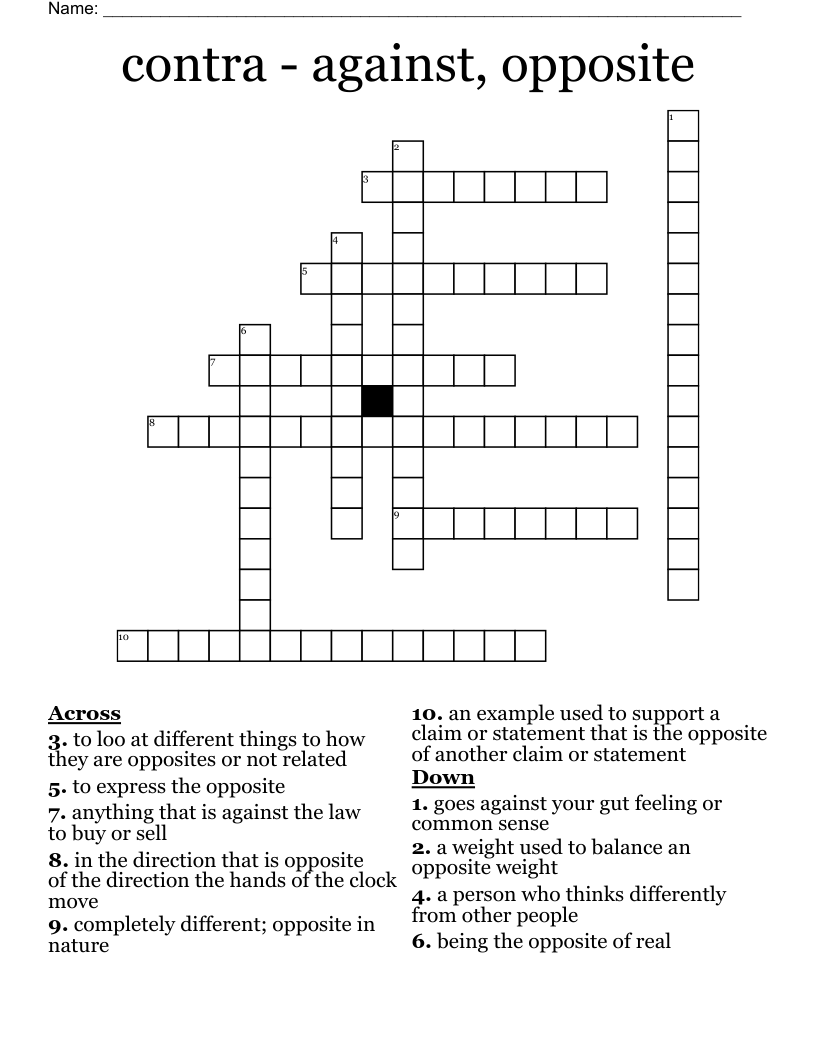 contra - against, opposite Crossword