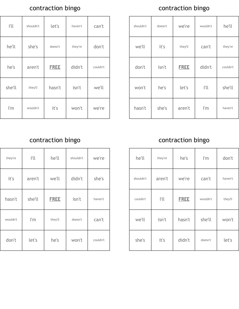 contraction bingo