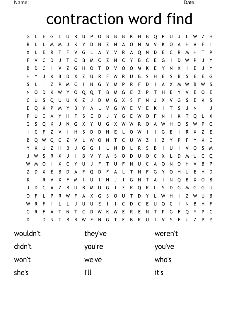 contraction word find Word Search