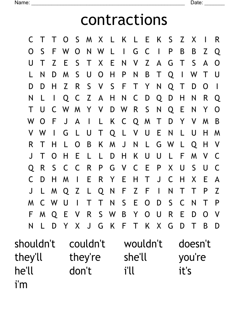 contractions Word Search