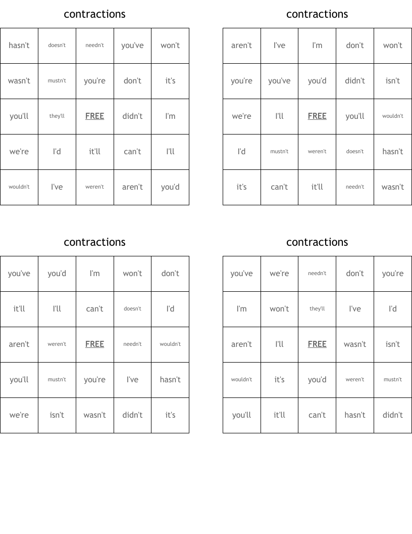contractions Bingo Cards