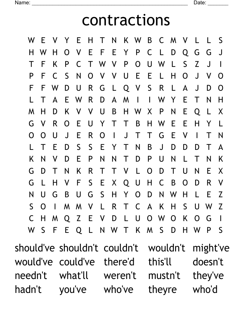 contractions  Word Search