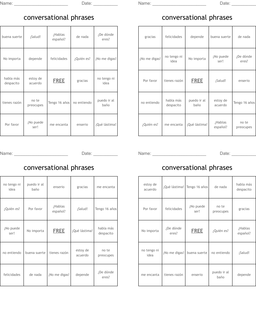 conversational phrases Bingo Cards