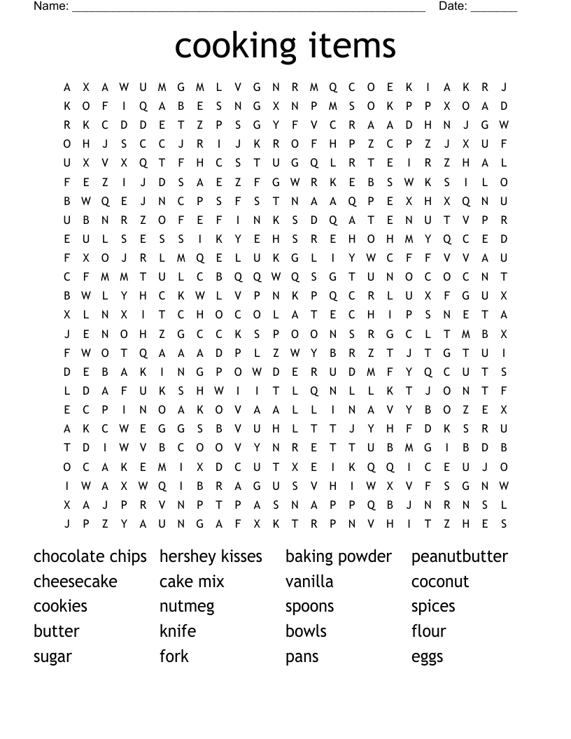 cooking items Word Search