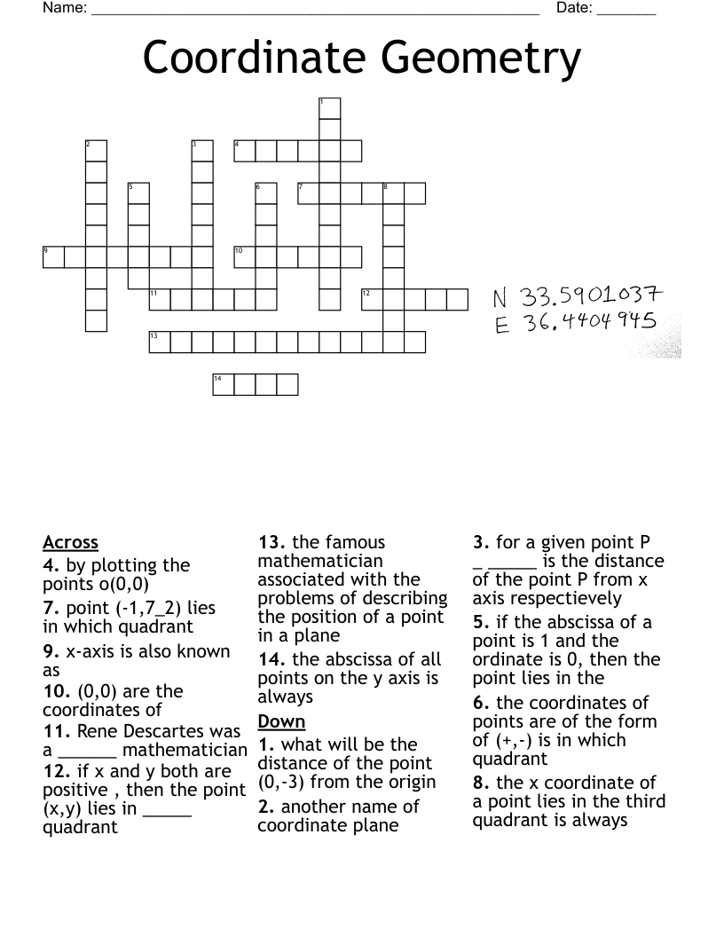 Coordinate Geometry Crossword