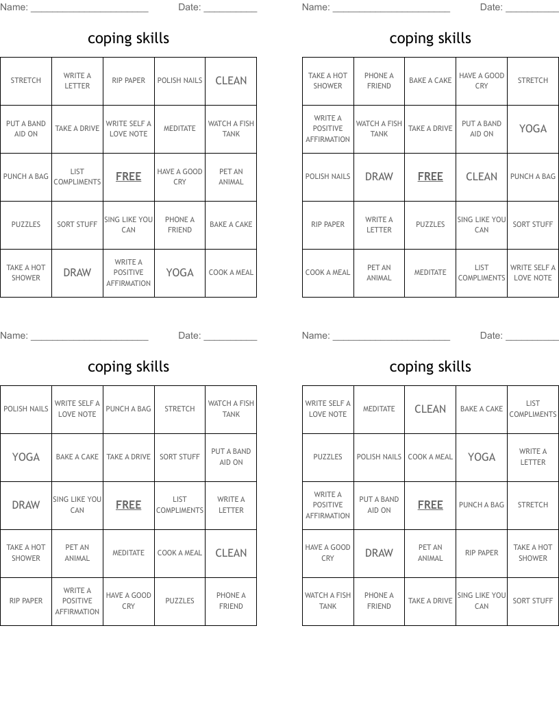 coping skills Bingo Cards