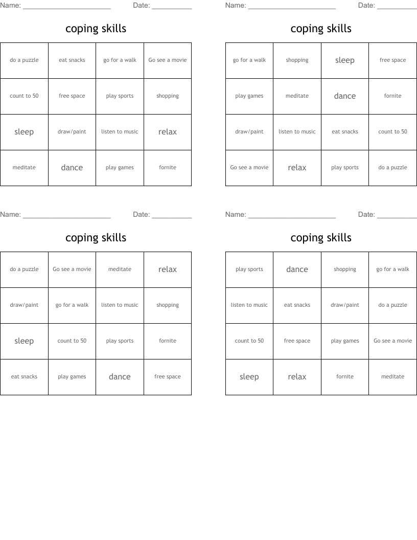 coping skills Bingo Cards