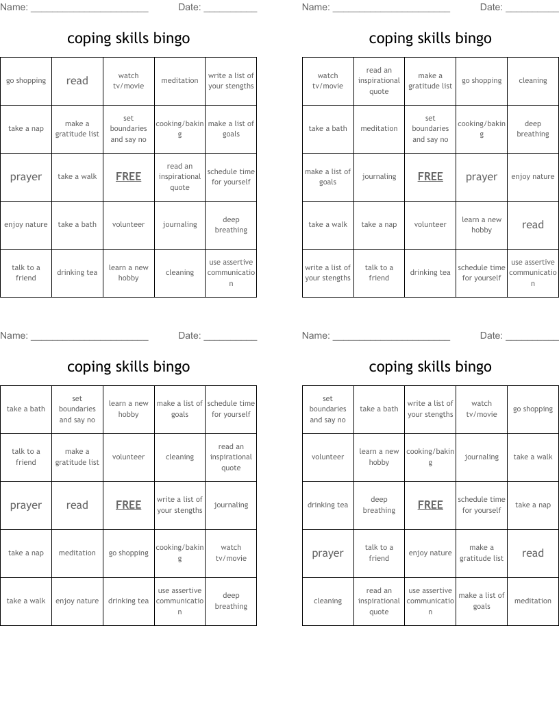 coping skills bingo