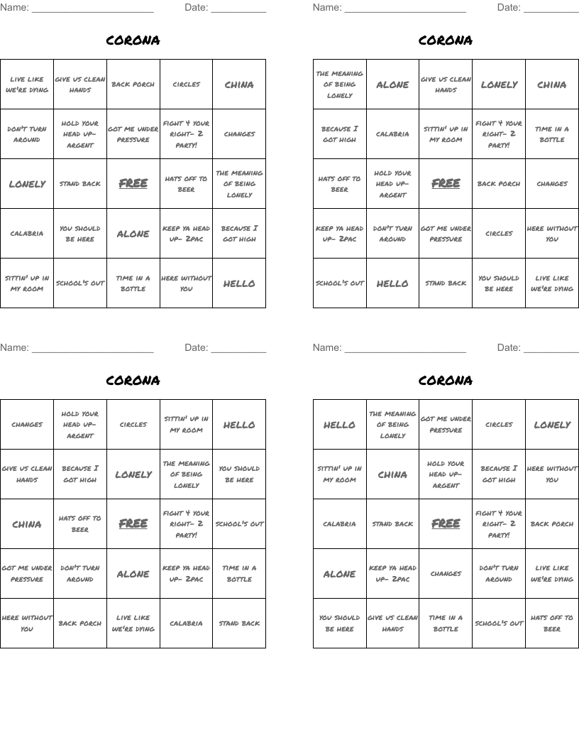 corona Bingo Cards