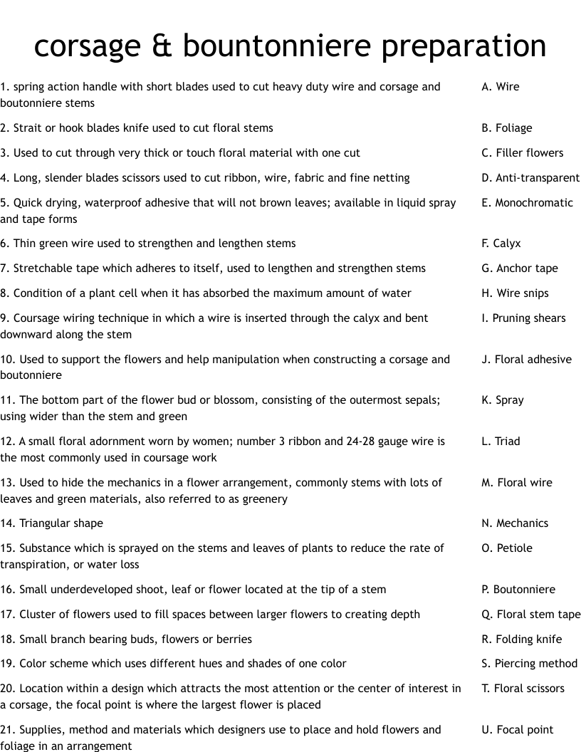 corsage & bountonniere preparation  Worksheet