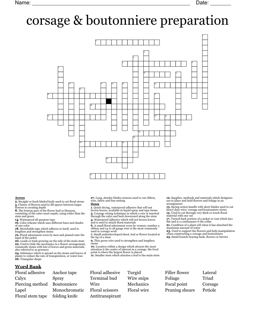 corsage & boutonniere preparation Crossword