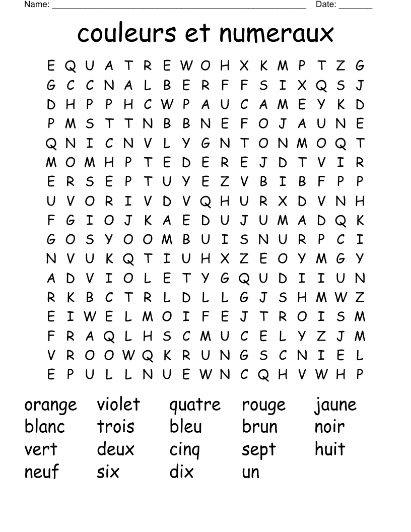 couleurs et numeraux  Word Search
