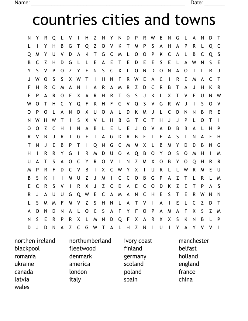 countries cities and towns Word Search