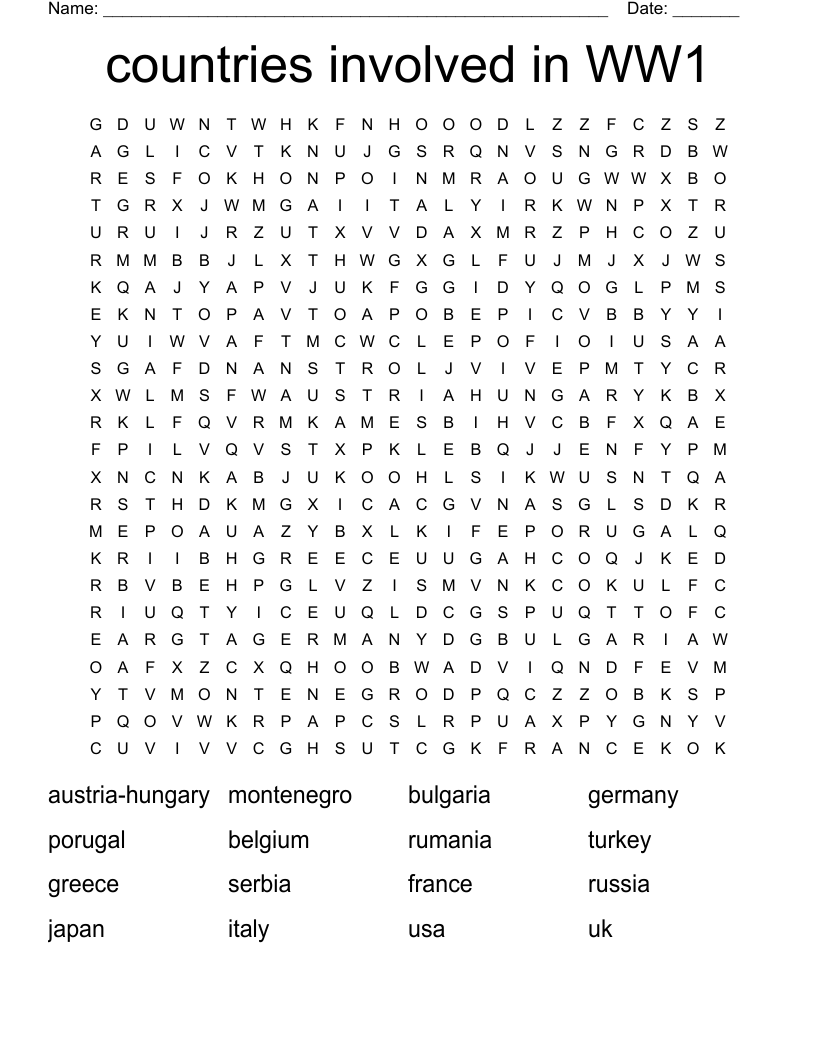 countries involved in WW1 Word Search