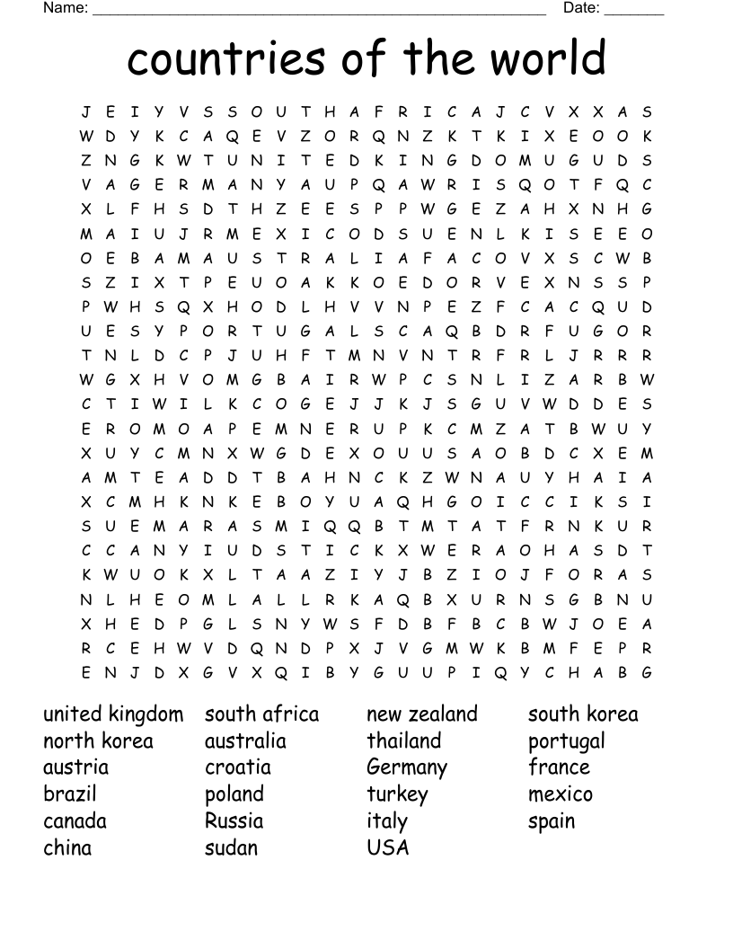 countries of the world  Word Search