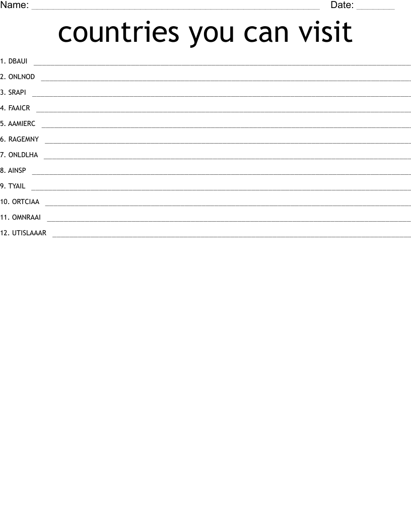 countries you can visit  Word Scramble