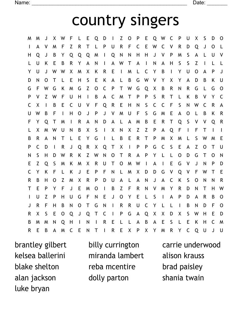 country singers Word Search