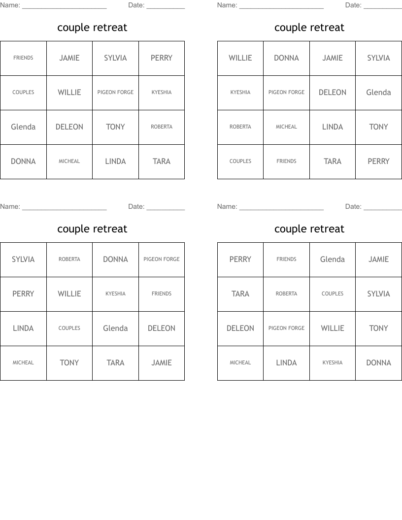 couple retreat Bingo Cards