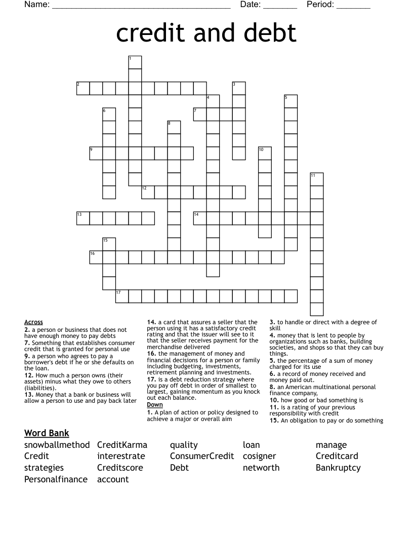 credit and debt Crossword