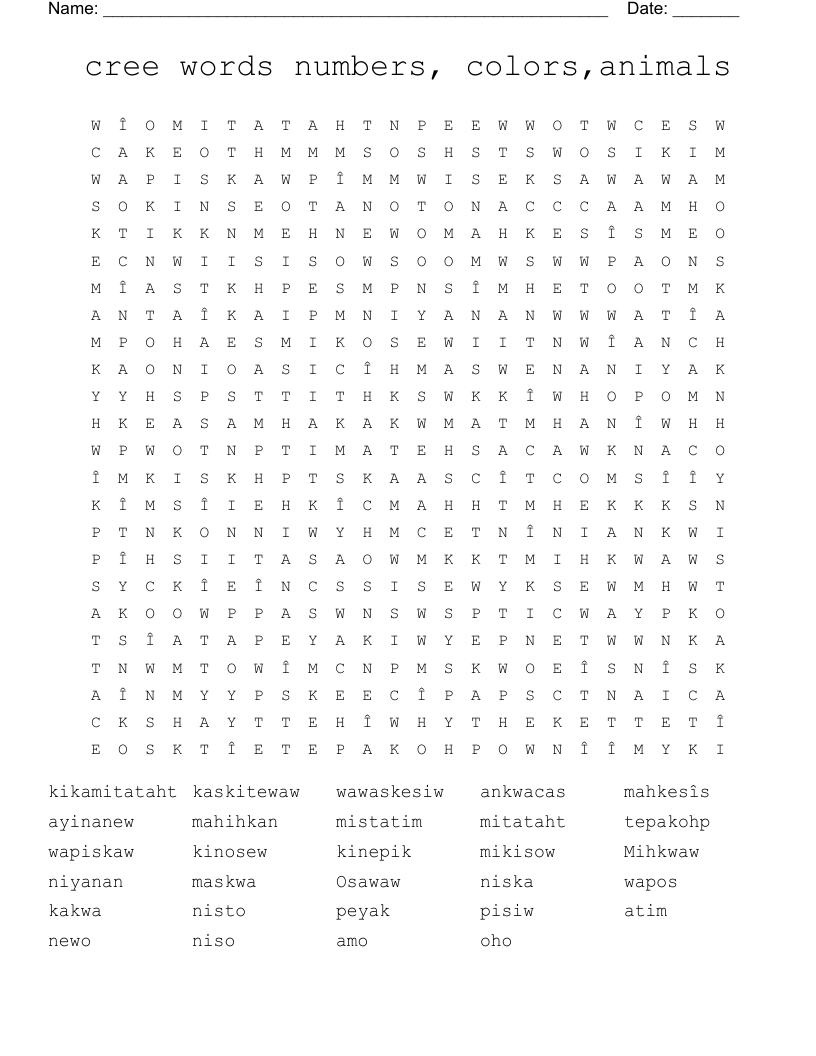 cree words numbers, colors,animals Word Search