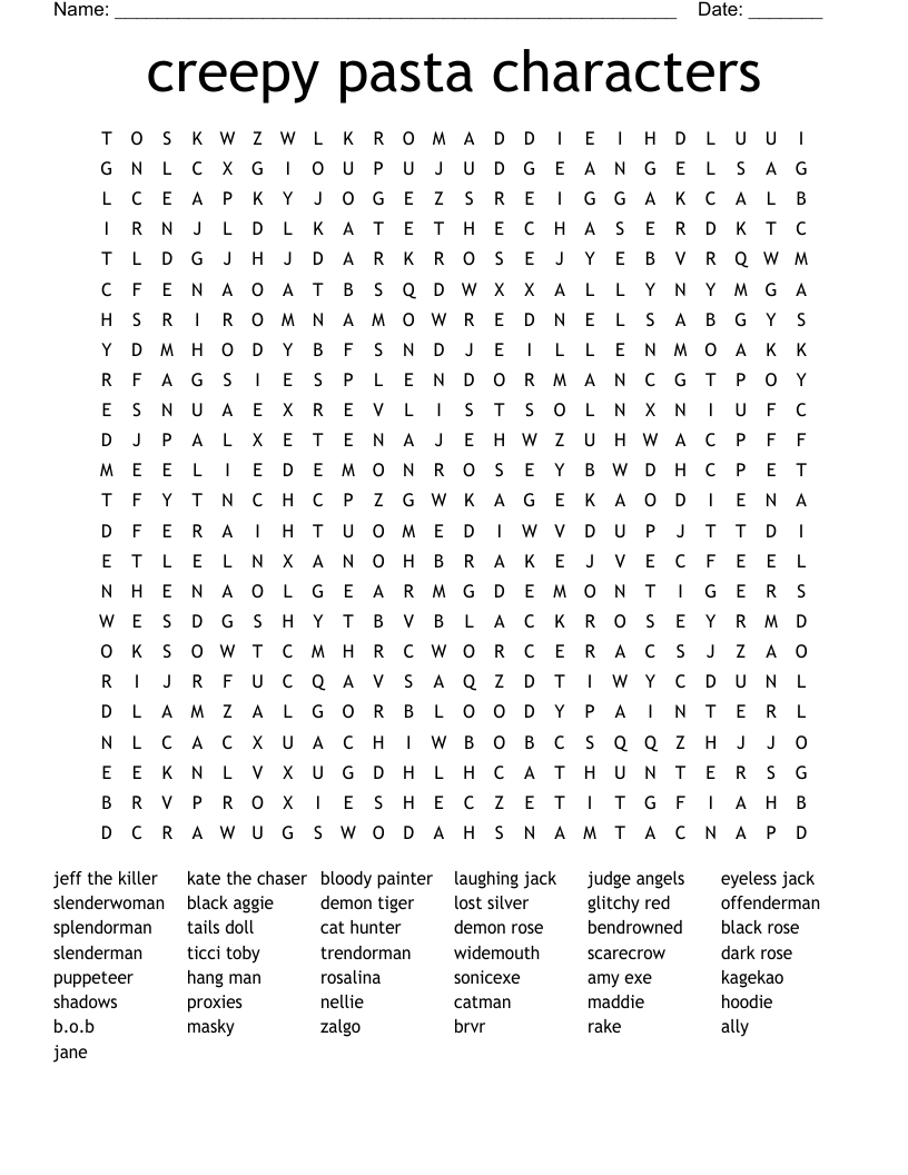 creepy pasta characters Word Search